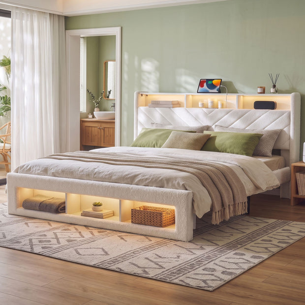 Artiss King Bed Frame with Storage, Charging Station & LED, White