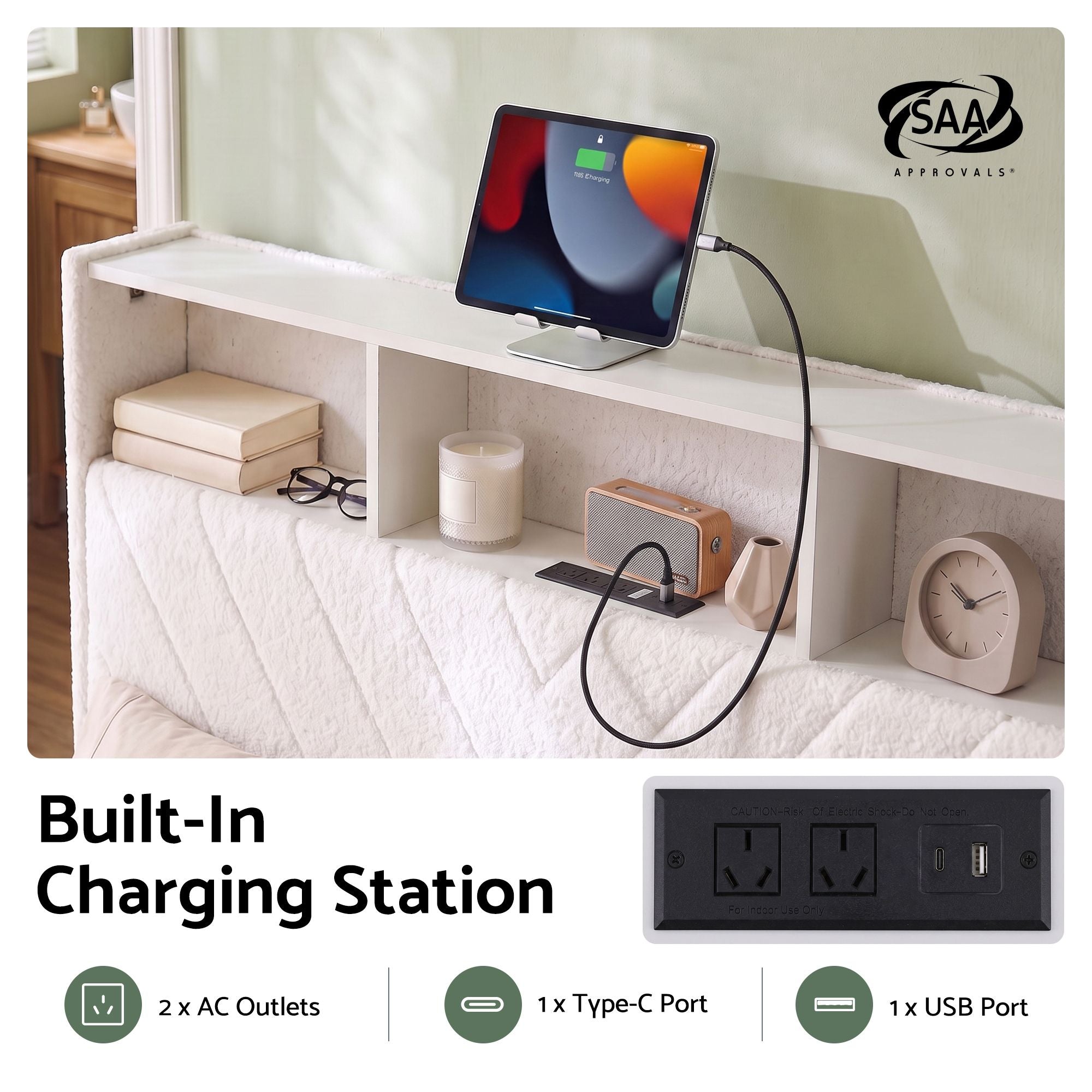 Artiss King Bed Frame with Storage, Charging Station & LED, White