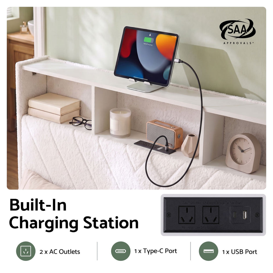 Artiss King Bed Frame with Storage, Charging Station & LED, White
