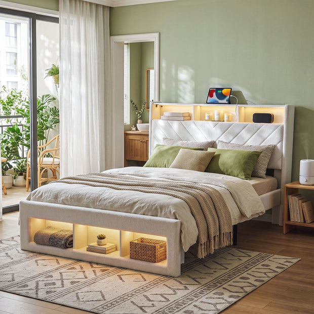 Artiss Queen Bed Frame with Storage Charging Station & LED White