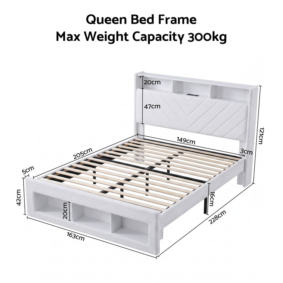 Artiss Queen Bed Frame with Storage Charging Station & LED White