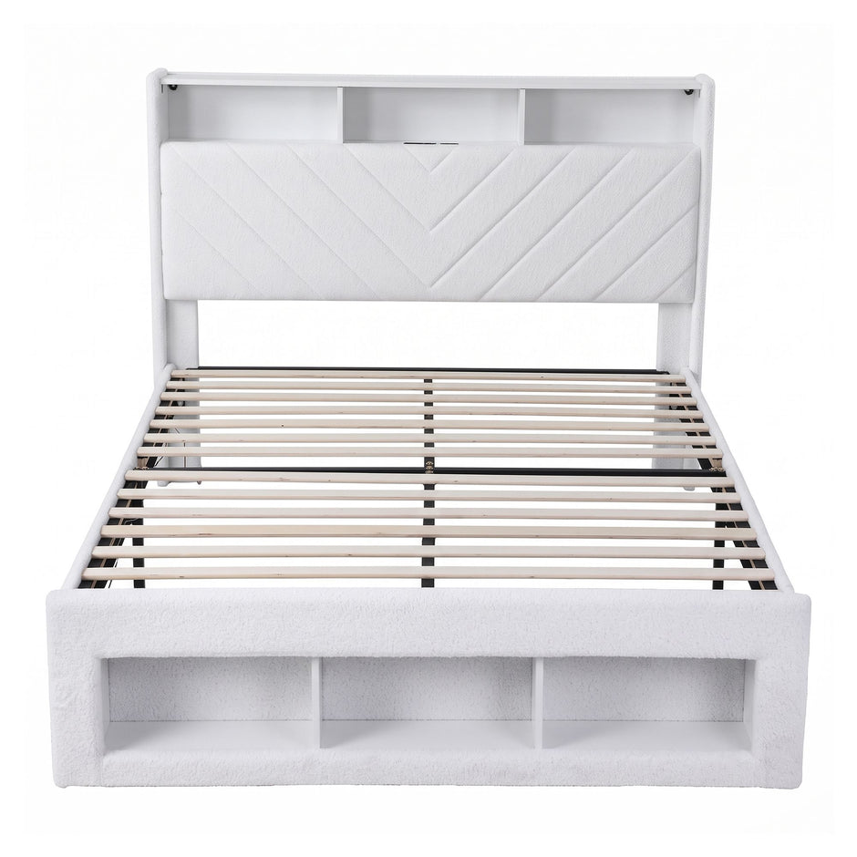 Artiss Queen Bed Frame with Storage Charging Station & LED White