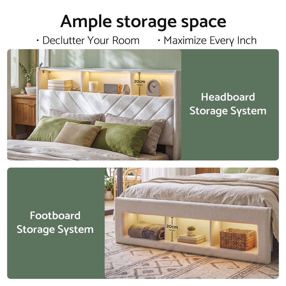 Artiss Queen Bed Frame with Storage Charging Station & LED White