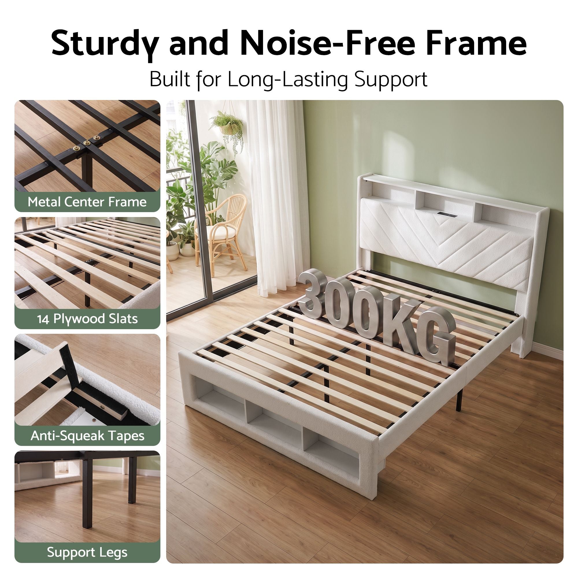 Artiss Queen Bed Frame with Storage Charging Station & LED White