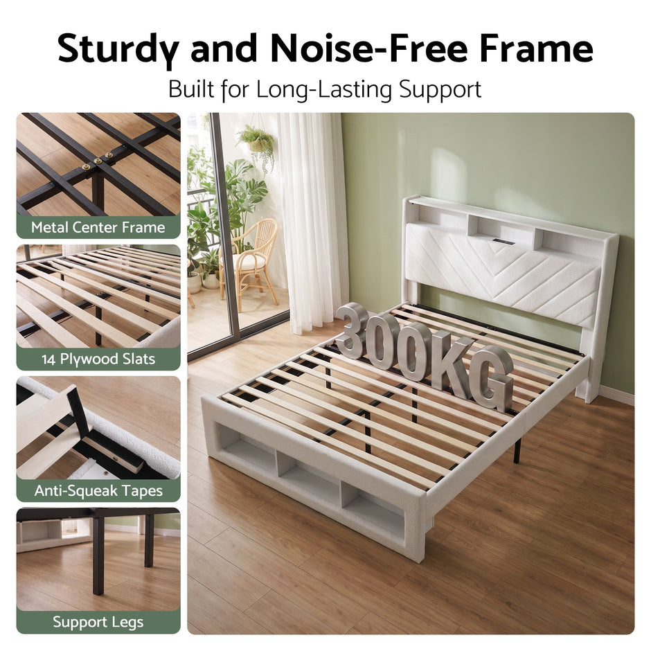 Artiss Queen Bed Frame with Storage Charging Station & LED White