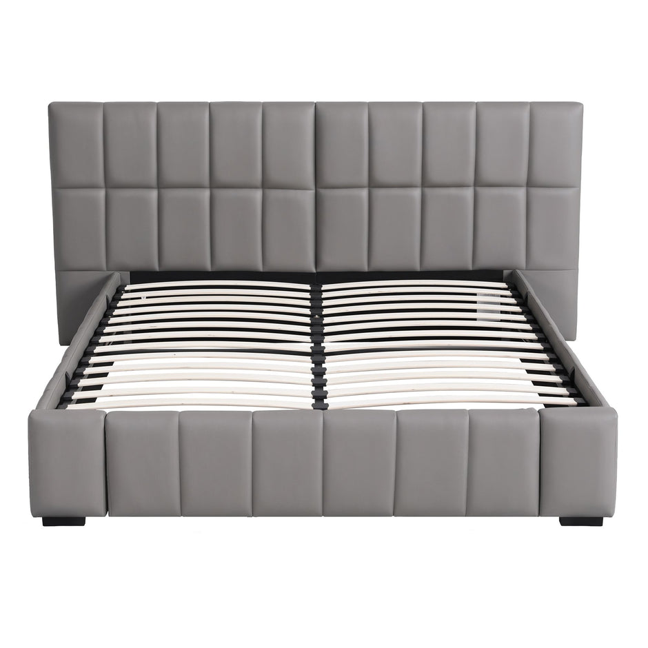 Artiss Double Size Upholstered Gas Lift Bed Frame with Foldable Bench PVC Leather Platform Bed with Storage