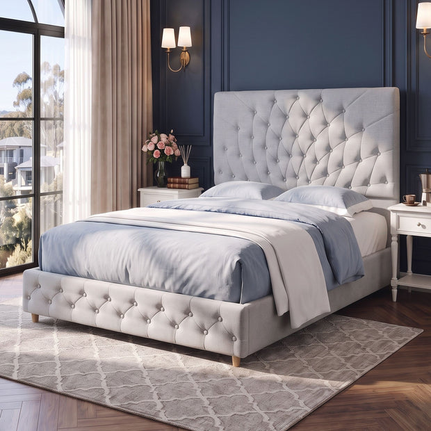 Artiss Double Bed Frame with Tufted Headboard and Plywood Slats Grey
