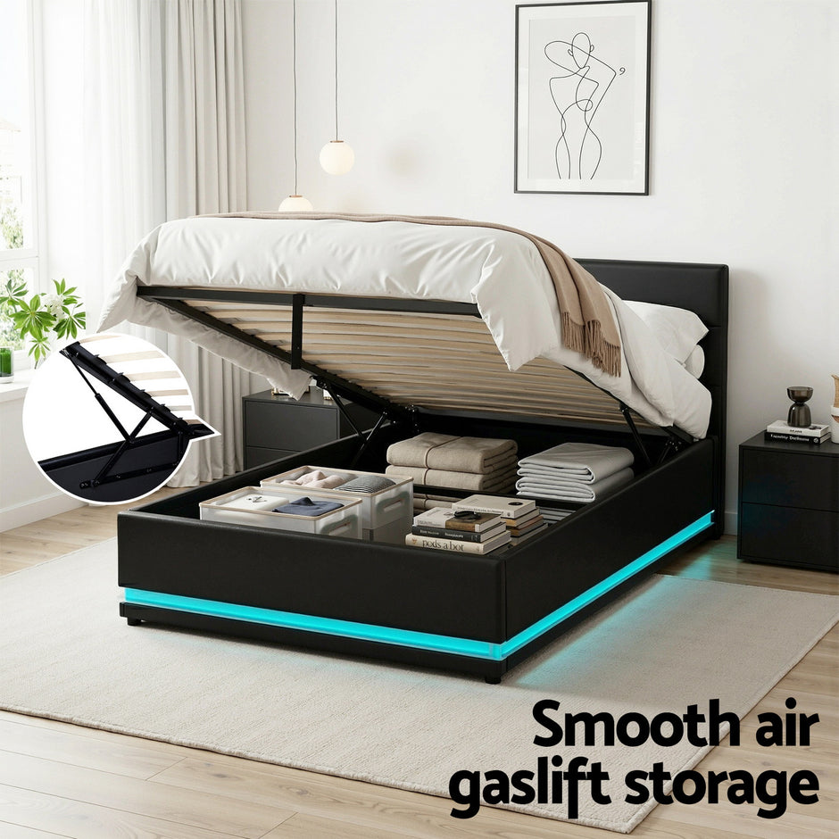 Artiss Bed Frame King Single Size LED Gas Lift Black LUMI
