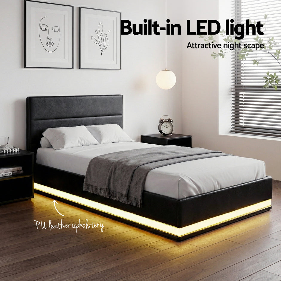 Artiss Bed Frame King Single Size LED Gas Lift Black LUMI
