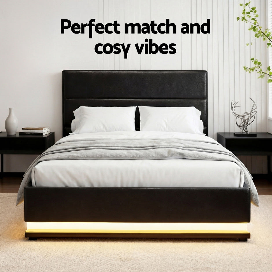 Artiss Bed Frame King Single Size LED Gas Lift Black LUMI