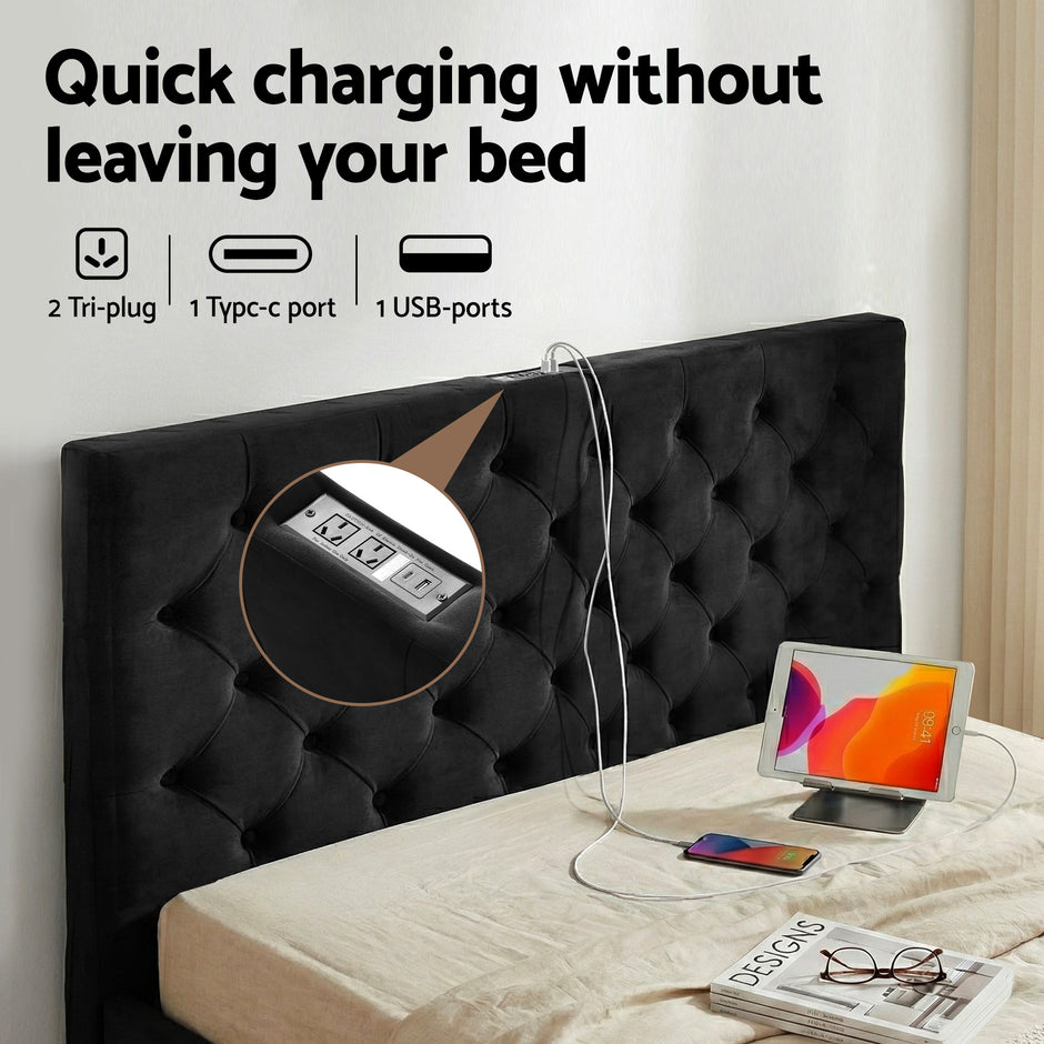 Artiss Double Bed Frame Storage Charging Station Upholstered 3 Drawers USB Type-C