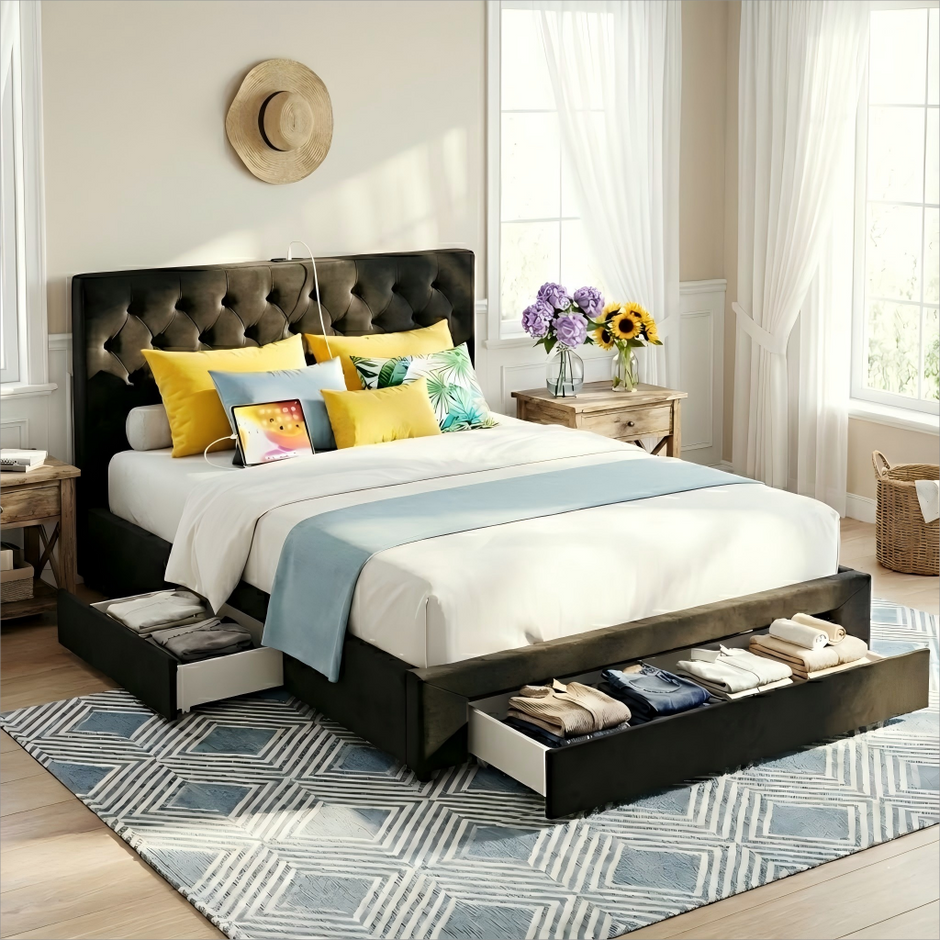 Artiss Double Bed Frame Storage Charging Station Upholstered 3 Drawers USB Type-C