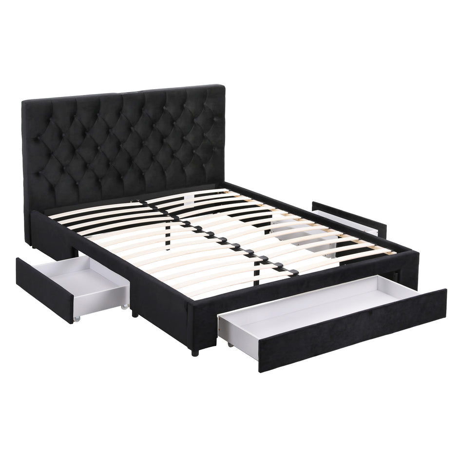 Artiss Queen Bed Frame Storage Charging Station Upholstered 3 Drawers USB Type-C