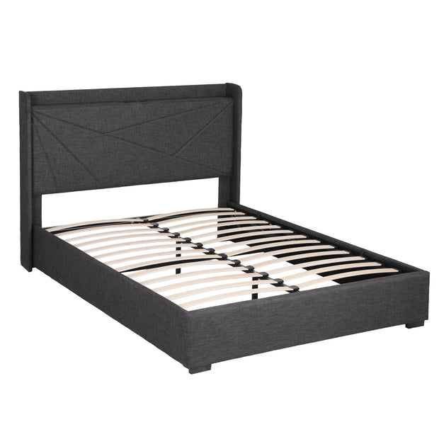 Artiss Double Bed Frame Gas Lift Storage Bed with Charging Ports Upholstered Geometric Headboard Charcoal Grey