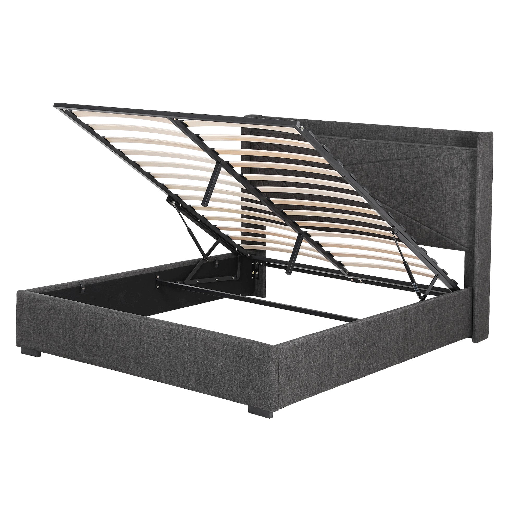 Artiss Double Bed Frame Gas Lift Storage Bed with Charging Ports Upholstered Geometric Headboard Charcoal Grey