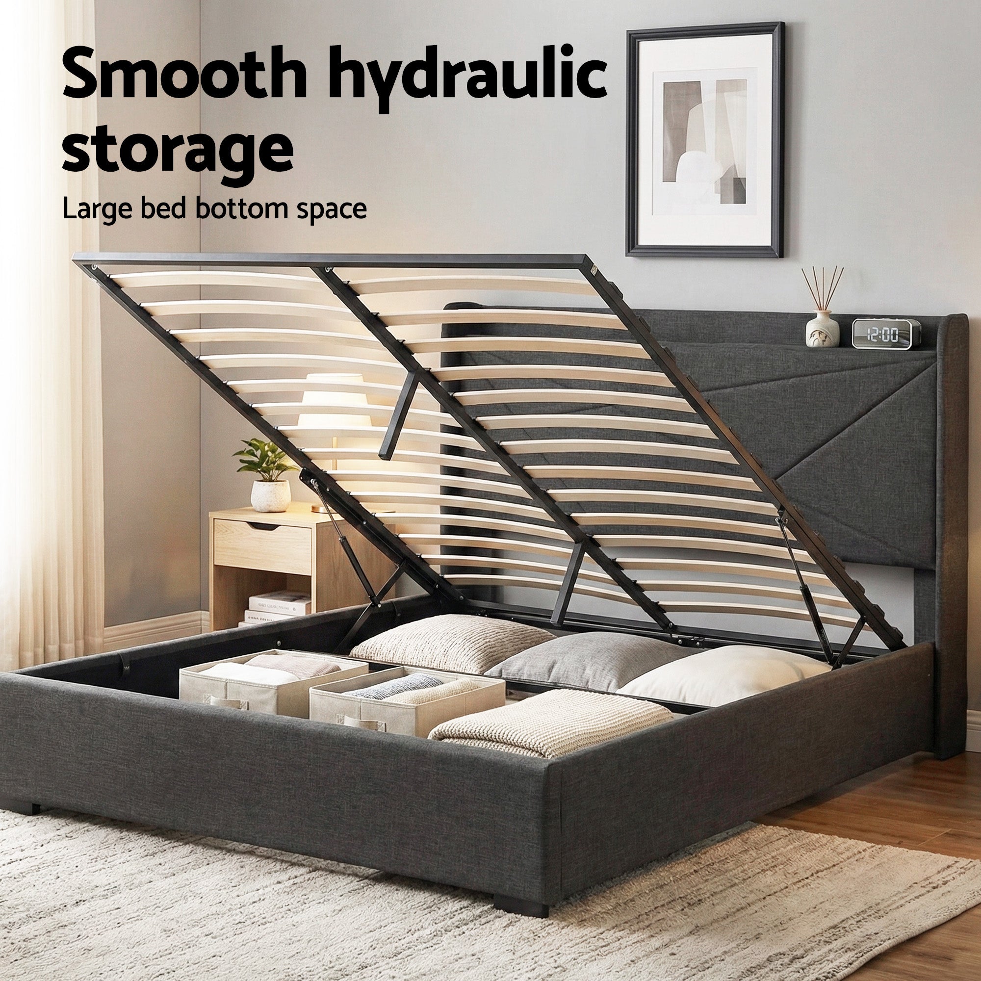 Artiss Double Bed Frame Gas Lift Storage Bed with Charging Ports Upholstered Geometric Headboard Charcoal Grey