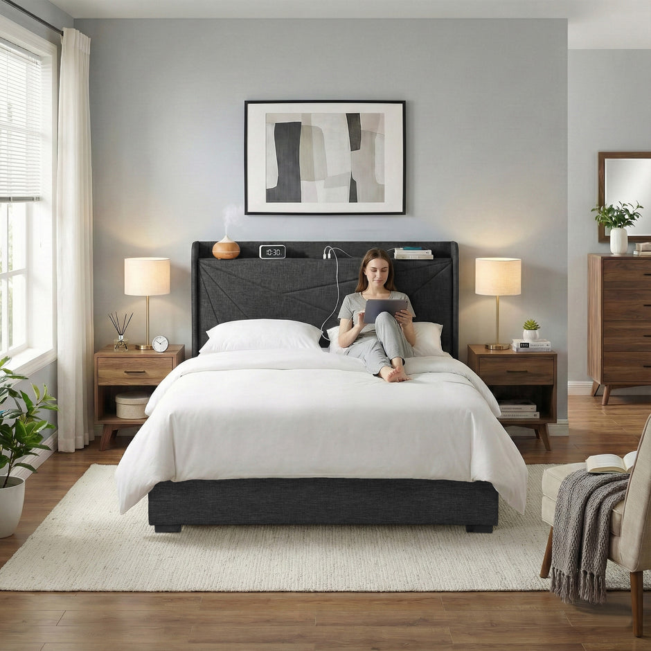 Artiss Double Bed Frame Gas Lift Storage Bed with Charging Ports Upholstered Geometric Headboard Charcoal Grey
