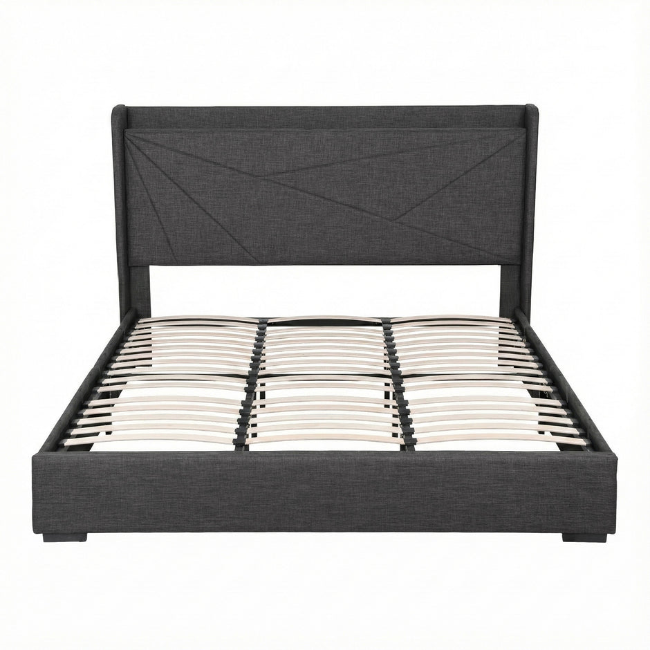 Artiss King Bed Frame Gas Lift Storage Bed with Charging Ports Upholstered Geometric Headboard Charcoal Grey