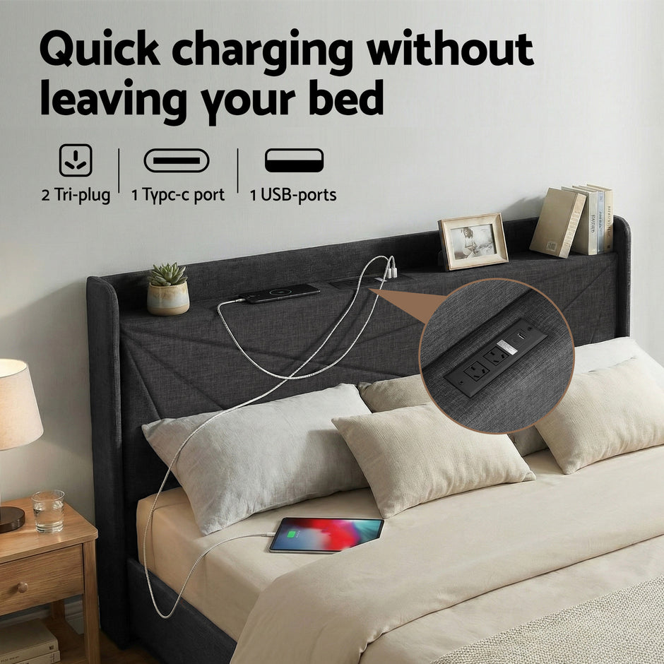 Artiss King Bed Frame Gas Lift Storage Bed with Charging Ports Upholstered Geometric Headboard Charcoal Grey