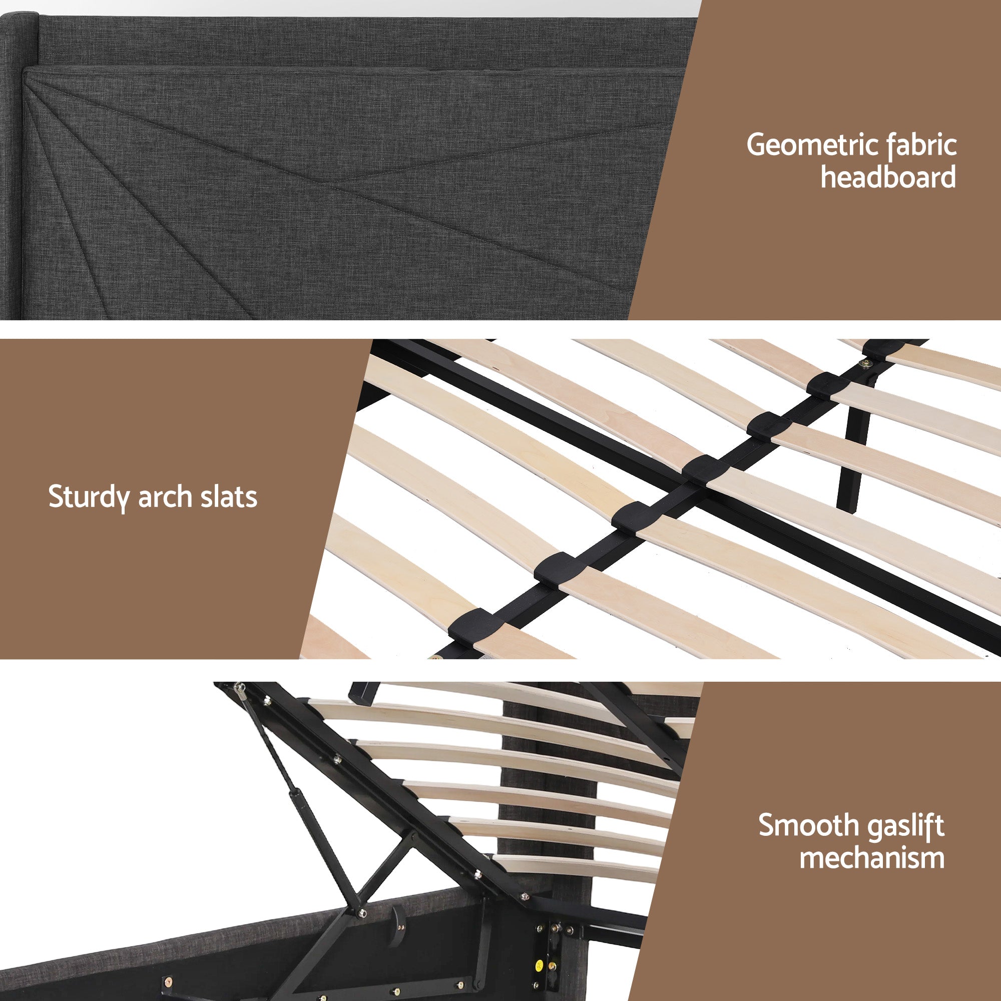 Artiss King Bed Frame Gas Lift Storage Bed with Charging Ports Upholstered Geometric Headboard Charcoal Grey