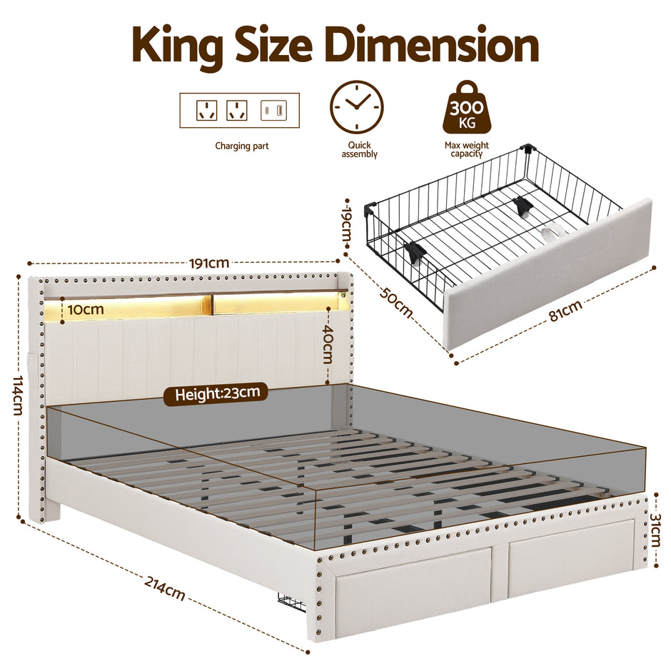 Artiss King Upholstered Bed Frame with Shelf Storage Drawers Charging Station Mood Lighting Linen