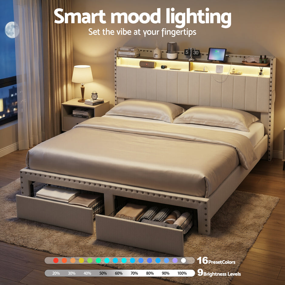 Artiss King Upholstered Bed Frame with Shelf Storage Drawers Charging Station Mood Lighting Linen