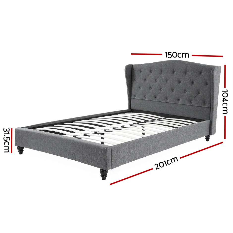 Artiss Double Bed Frame with Wingback Headboard Grey Linen Upholstered Platform Bed Base