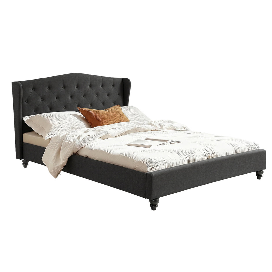Artiss Queen Bed Frame Wingback Headboard Charcoal Grey Linen Upholstered Platform Bed Base