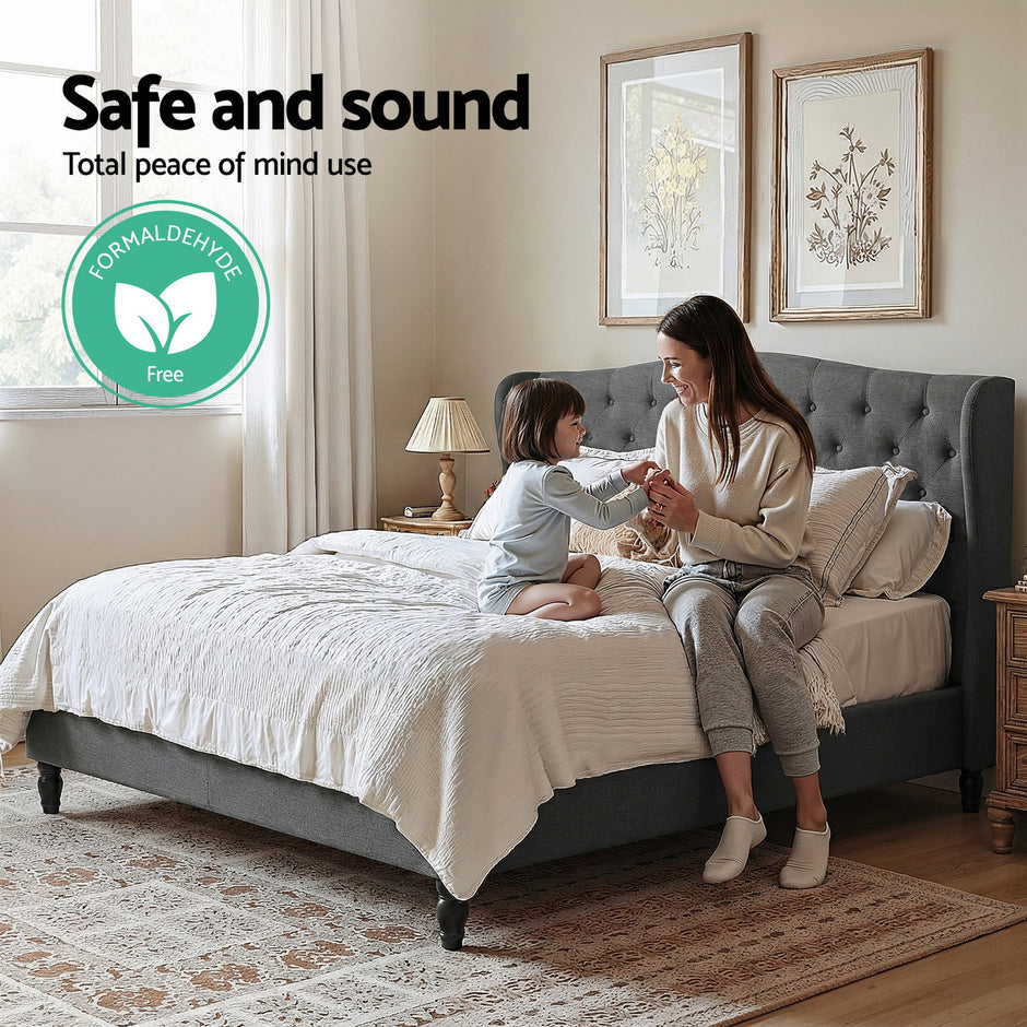 Artiss Queen Bed Frame with Wingback Headboard Grey Linen Upholstered Platform Bed Base