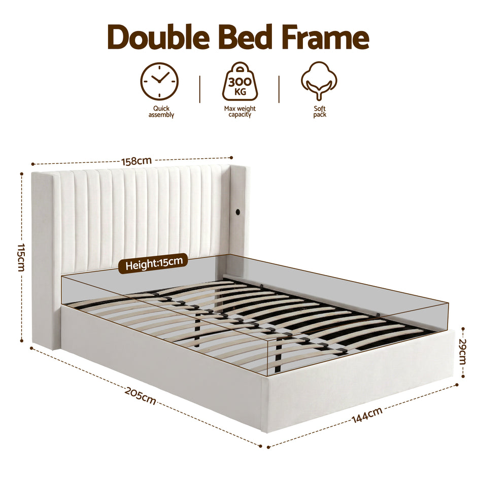 Artiss Double Bed Frame with Gaslift Storage USB Type-C Charging Ports Velvet Upholstery White