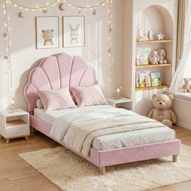 Artiss Single Bed Frame Scallop Upholstered Headboard Pink Velvet Platform Base Support up to 180kg