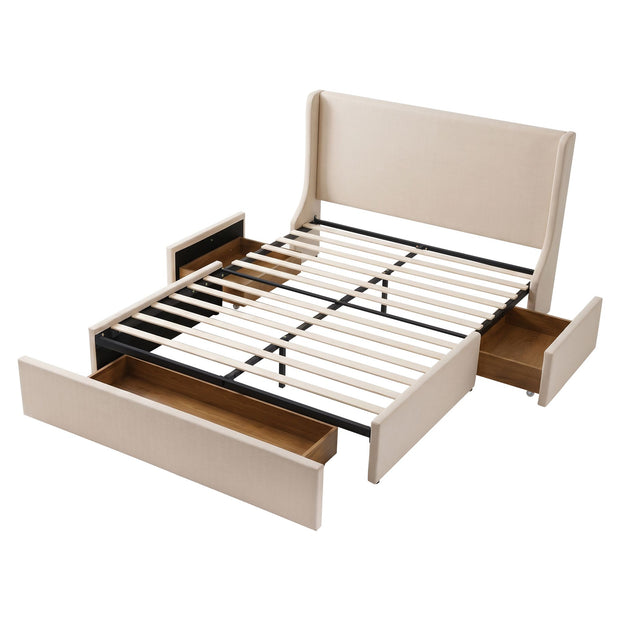 Artiss Double Upholstered Bed Frame with 3 Storage Drawers Wingback Headboard Heavy Duty Metal Platform Base