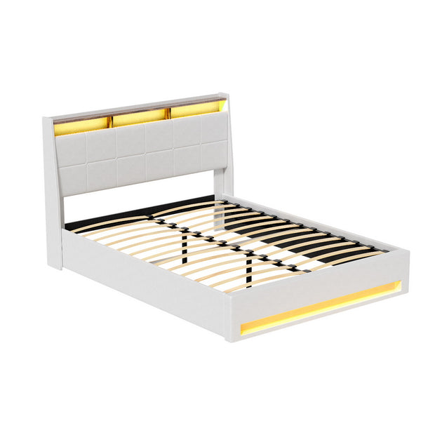 Artiss Bed Frame Gas Lift LED Beds Base Platform White PVC Leather Storage Headboard - Double