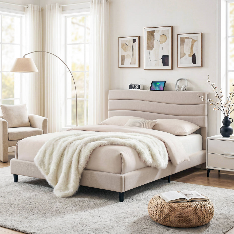 Artiss Queen Bed Frame with Storage Adjustable Headboard Platform Base Linen Fabric Charging Ports