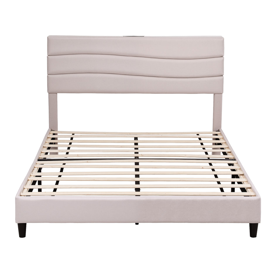 Artiss Queen Bed Frame with Storage Adjustable Headboard Platform Base Linen Fabric Charging Ports