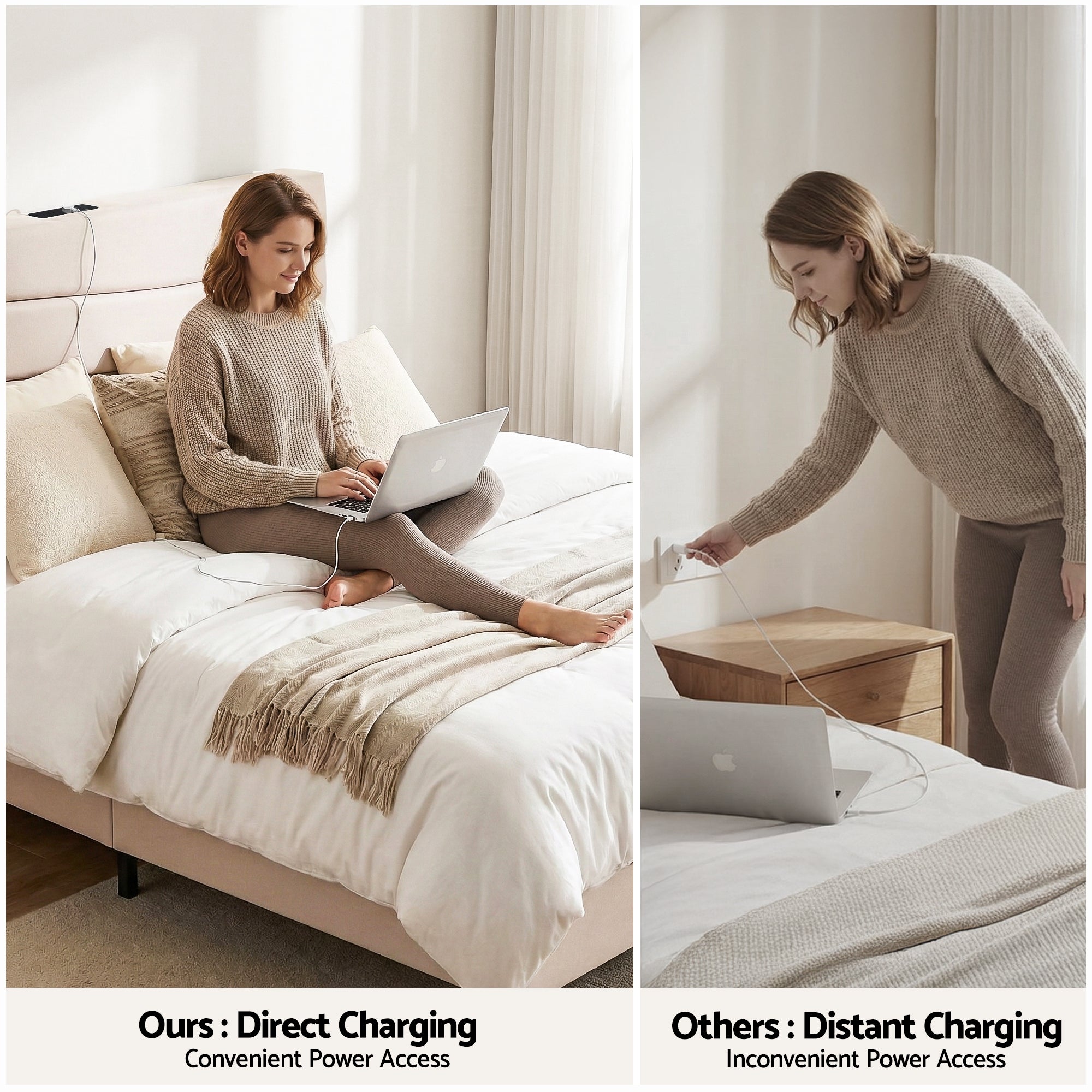 Artiss Queen Bed Frame with Storage Adjustable Headboard Platform Base Linen Fabric Charging Ports