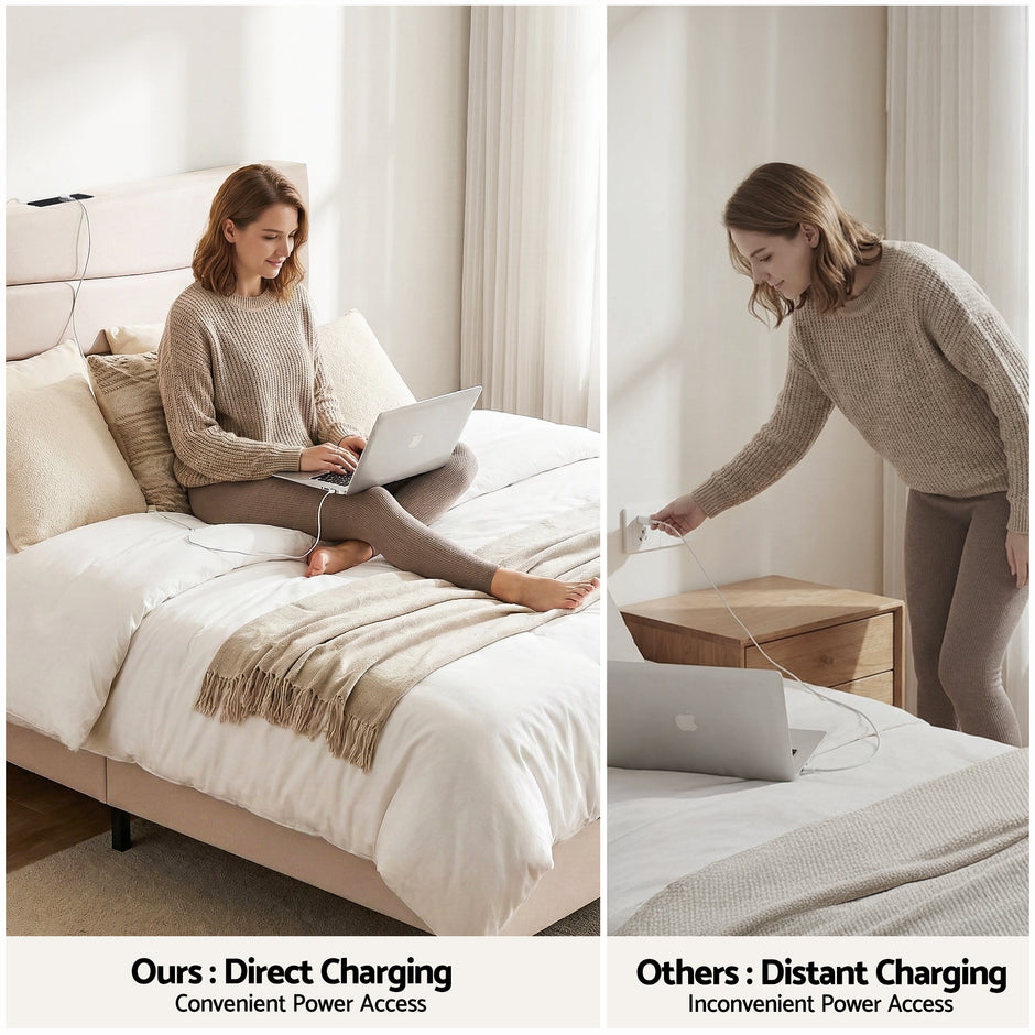 Artiss Queen Bed Frame with Storage Adjustable Headboard Platform Base Linen Fabric Charging Ports