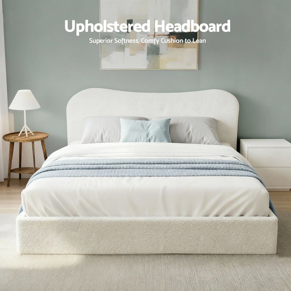 Artiss Double Bed Frame with Gaslift Storage Wooden Platform Mattress Base Boucle Upholstered White