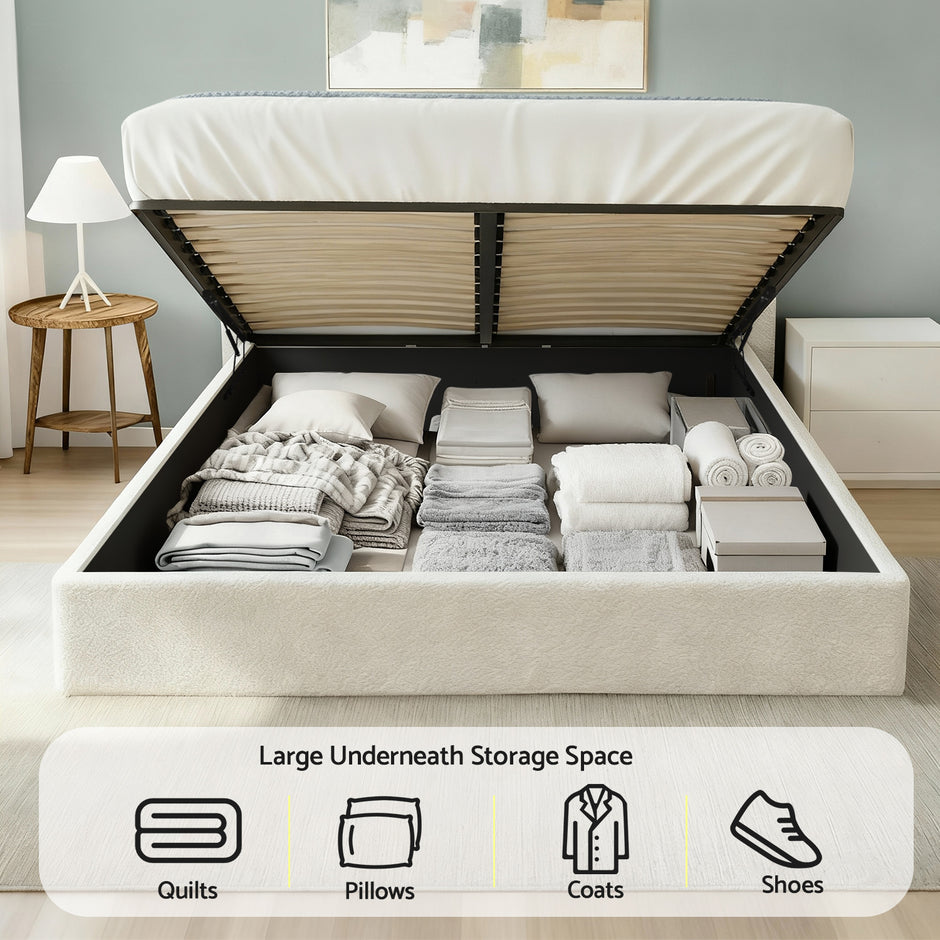 Artiss Queen Bed Frame with Gaslift Storage Wooden Platform Mattress Base Boucle Upholstered White