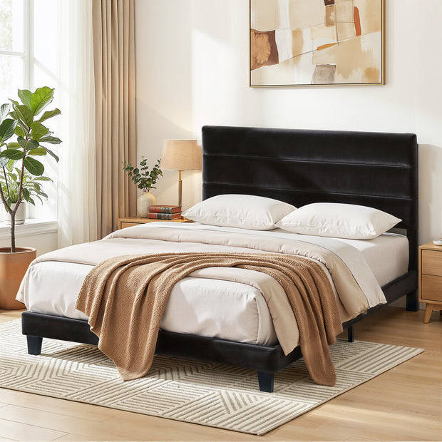 Artiss Double Bed Frame Upholstered Platform Base with Geometric Headboard Black Velvet