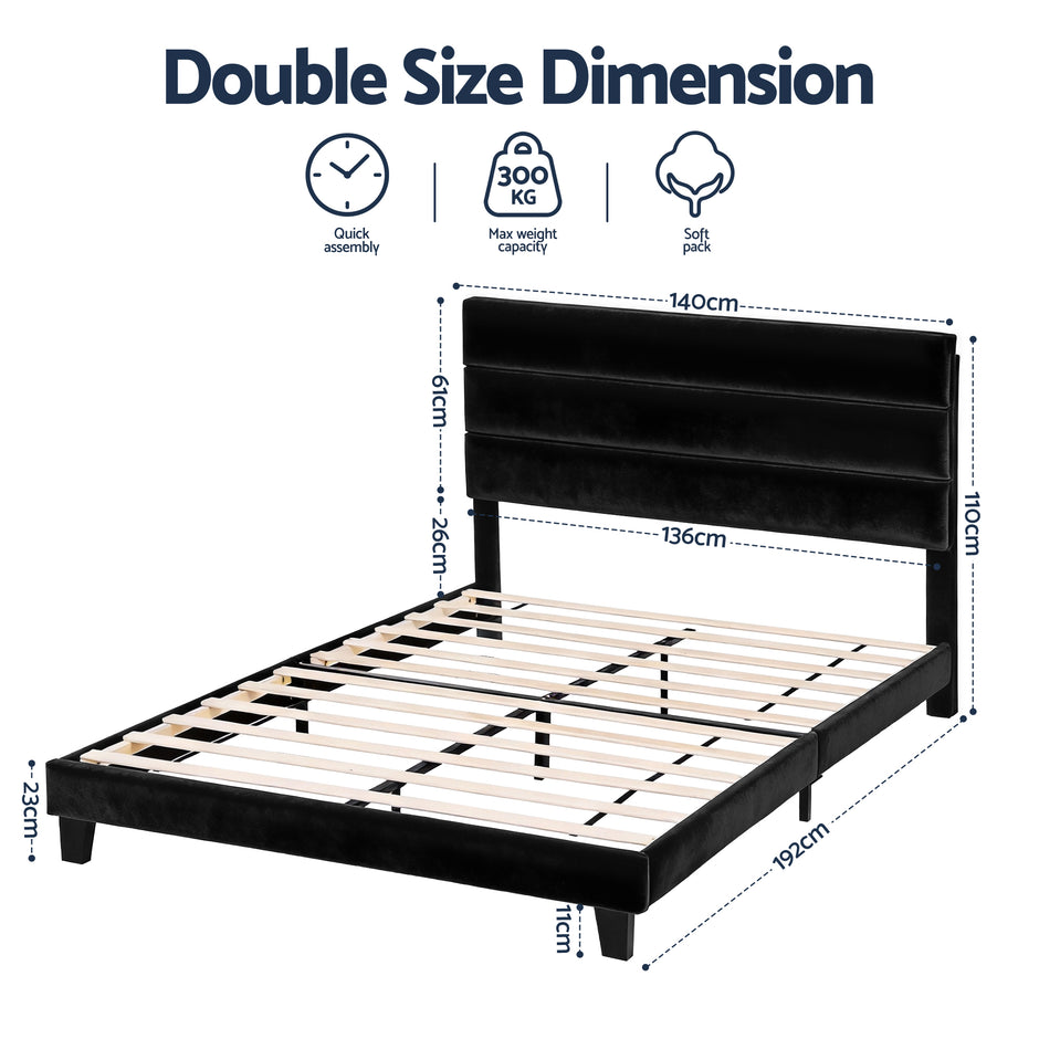Artiss Double Bed Frame Upholstered Platform Base with Geometric Headboard Black Velvet