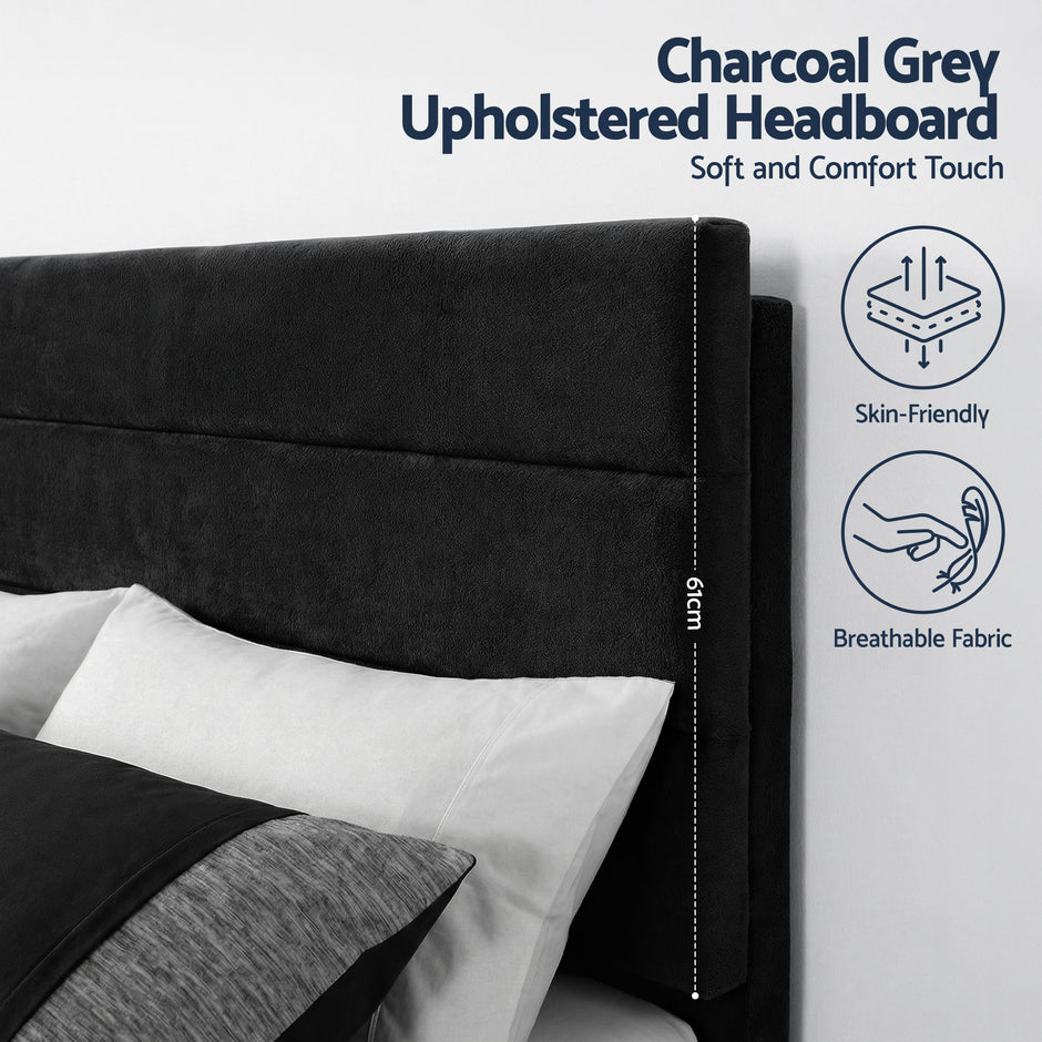 Artiss Double Bed Frame Upholstered Platform Base with Geometric Headboard Black Velvet