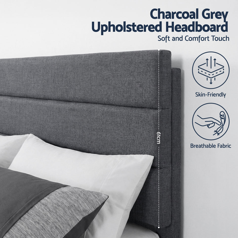 Artiss Double Bed Frame Upholstered Platform Base with Geometric Headboard Charcoal Grey Linen Wood Slats for Modern Bedroom Furniture Home Decor