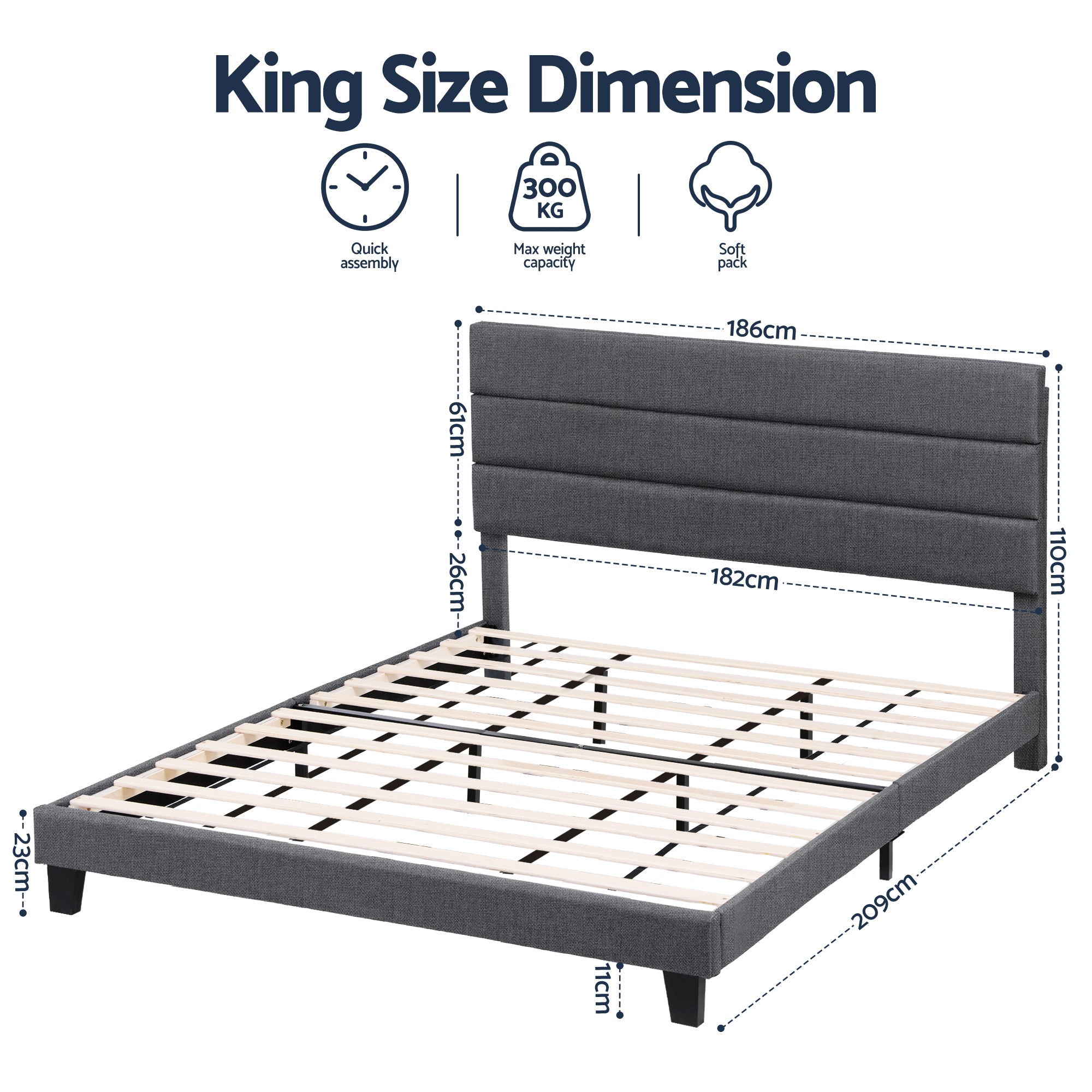 Artiss King Bed Frame Upholstered Platform Base with Geometric Headboard Charcoal Grey Linen Wood Slats for Modern Bedroom Furniture Home Decor