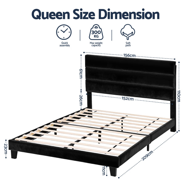 Artiss Queen Bed Frame Upholstered Platform Base with Geometric Headboard Black Velvet