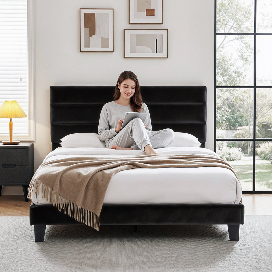 Artiss Queen Bed Frame Upholstered Platform Base with Geometric Headboard Black Velvet