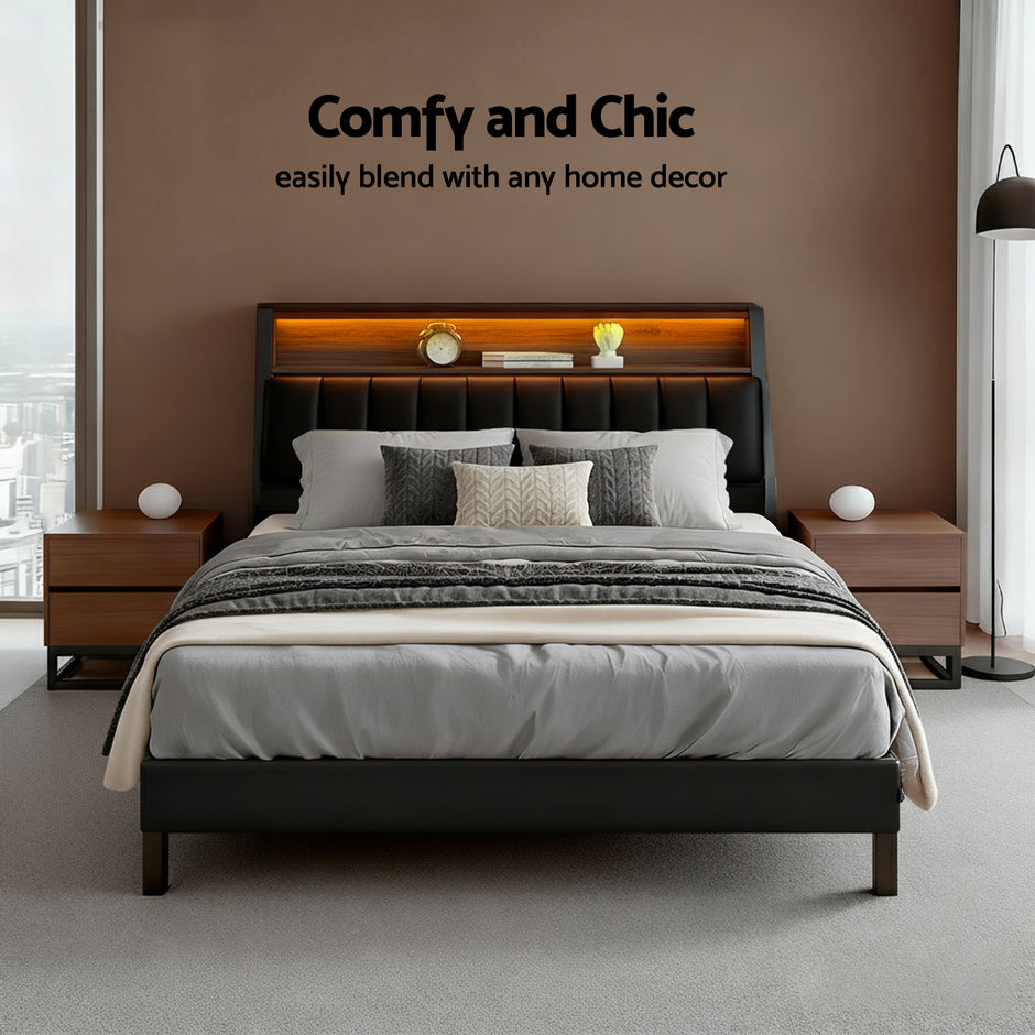 Artiss Queen Bed Frame LED Storage Headboard with Charging Station Black