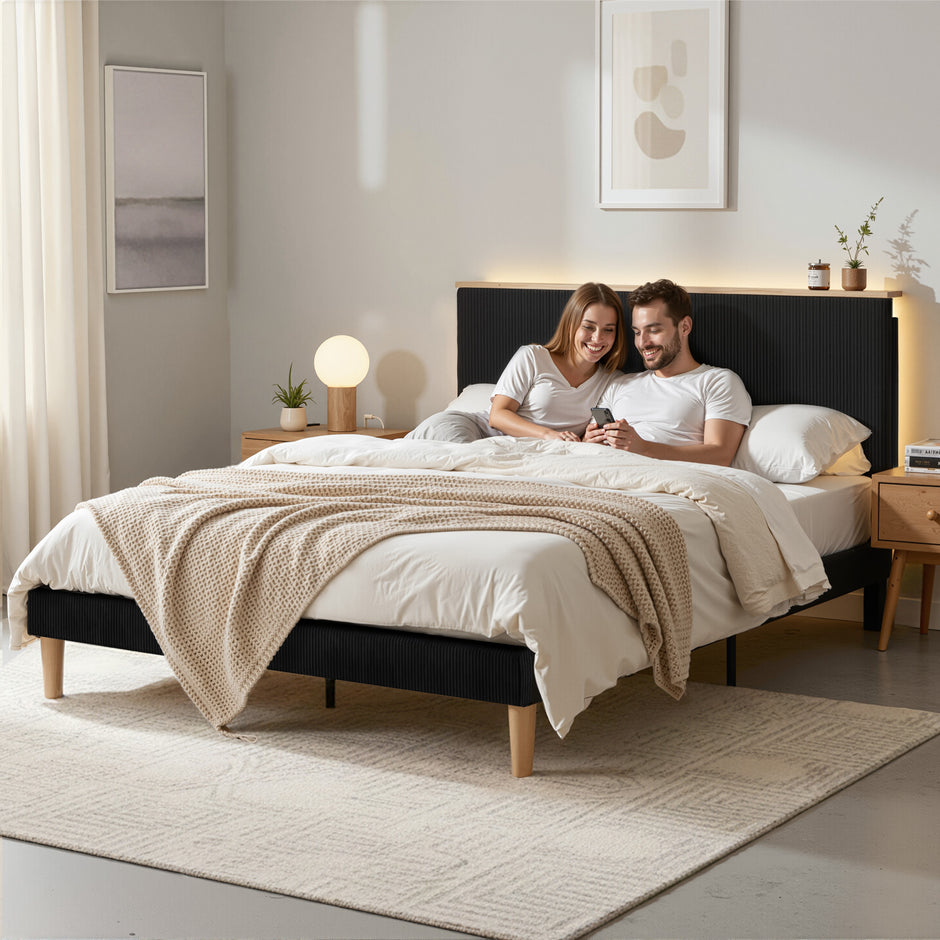 Artiss Double Bed Frame Upholstered Adjustable Headboard Mood Lighting Heavy Duty Black Velvet