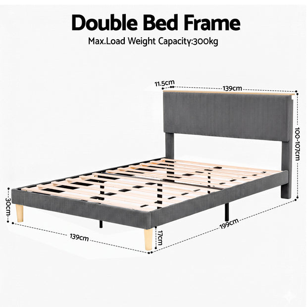 Artiss Double Bed Frame Upholstered Adjustable Headboard Mood Lighting Heavy Duty Grey Velvet