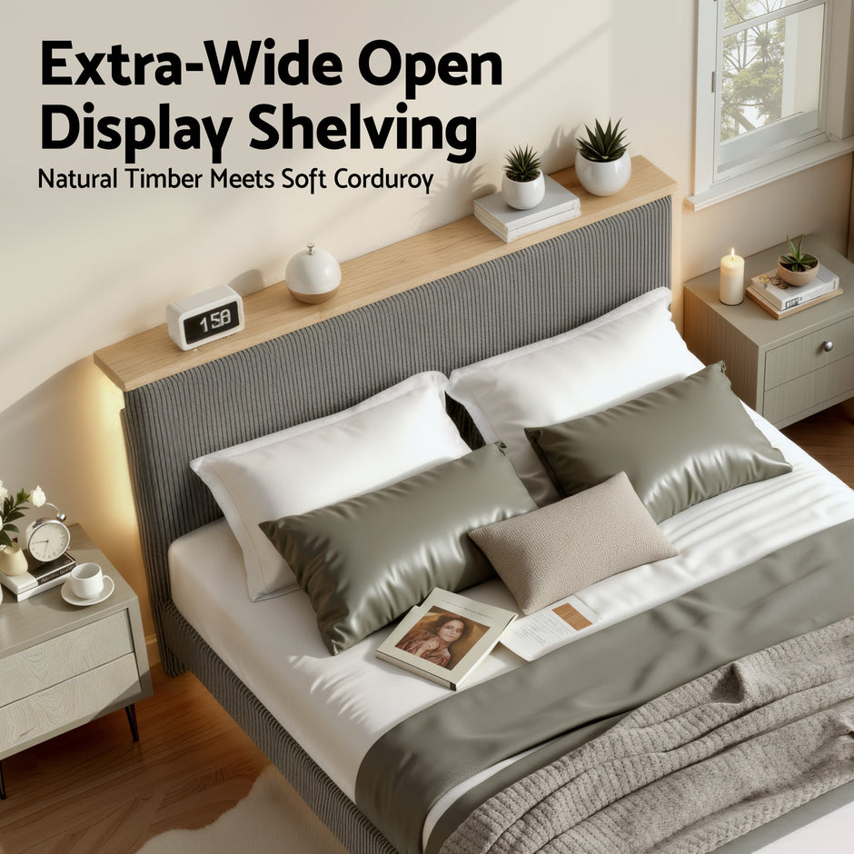 Artiss Double Bed Frame Upholstered Adjustable Headboard Mood Lighting Heavy Duty Grey Velvet